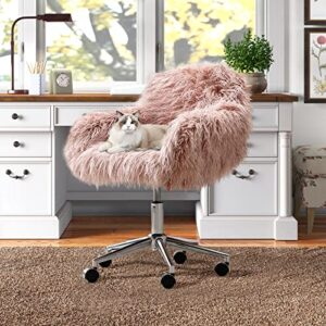 Lamerge Faux Fur Chair,Fluffy Upholstered Padded Seat,Adjustable Seat Height,Swivel Chair with Wheels,Perfect As Makeup Vanity Chair,Office Chair Pink