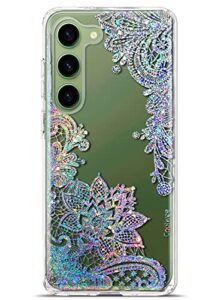 coolwee clear glitter for samsung galaxy s23 plus case thin flower slim cute crystal lace bling sparkle floral hard plastic cover back soft tpu bumper protective mandala henna anti yellowing