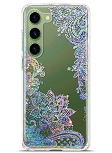 coolwee clear glitter for samsung galaxy s23 case, 6.1 inch, anti yellowing military grade drop protection shockproof flower slim crystal bling lace floral hard pc soft tpu bumper cover mandala henna