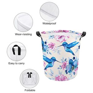 Blue Hummingbirds Waterproof Laundry Baskets Pink Flowers Collapsible Laundry Hamper with Handles Round Toy Bin for Dirty Clothes,Kids Toys,Bedroom,Bathroom