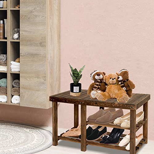 ECOMEX Shoe Rack Bench, 3-Tier Wood Shoe Bench with Boot Organizer, Free Standing Shoe Racks Bench, Storage Shoe Shelf for Entryway Hallway Bedroom, Balcony, Brown