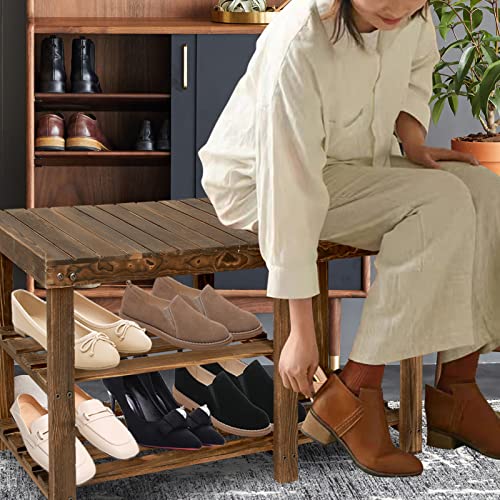 ECOMEX Shoe Rack Bench, 3-Tier Wood Shoe Bench with Boot Organizer, Free Standing Shoe Racks Bench, Storage Shoe Shelf for Entryway Hallway Bedroom, Balcony, Brown