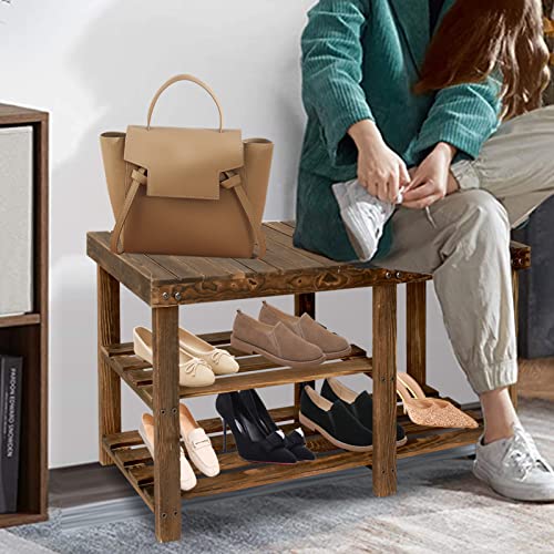 ECOMEX Shoe Rack Bench, 3-Tier Wood Shoe Bench with Boot Organizer, Free Standing Shoe Racks Bench, Storage Shoe Shelf for Entryway Hallway Bedroom, Balcony, Brown