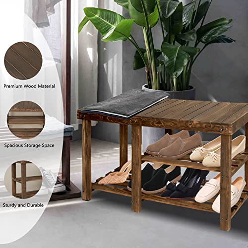 ECOMEX Shoe Rack Bench, 3-Tier Wood Shoe Bench with Boot Organizer, Free Standing Shoe Racks Bench, Storage Shoe Shelf for Entryway Hallway Bedroom, Balcony, Brown