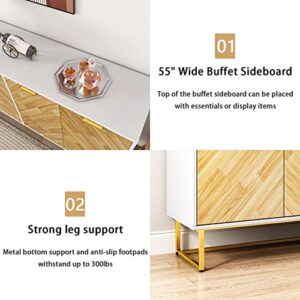 White Buffet Cabinet with Storage, 55’’ Kitchen Buffet Storage Cabinet with 4 Doors, White Sideboards and Buffets, Modern Sideboards Storage Cabinet with Gold Metal Legs, Credenzas for Living Room