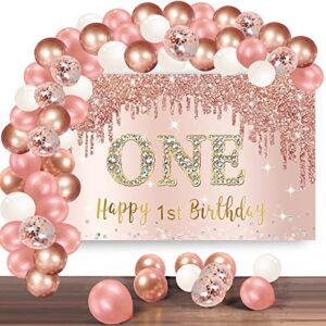 happy 1st birthday banner backdrop decorations with confetti balloon garland arch, rose gold one birthday banner balloon set for girls, pink 1 year old bday poster photo booth decor