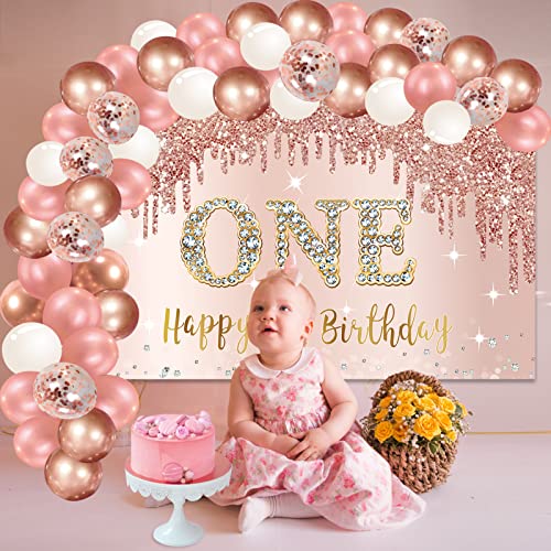 Happy 1st Birthday Banner Backdrop Decorations with Confetti Balloon Garland Arch, Rose Gold One Birthday Banner Balloon Set for Girls, Pink 1 Year Old Bday Poster Photo Booth Decor