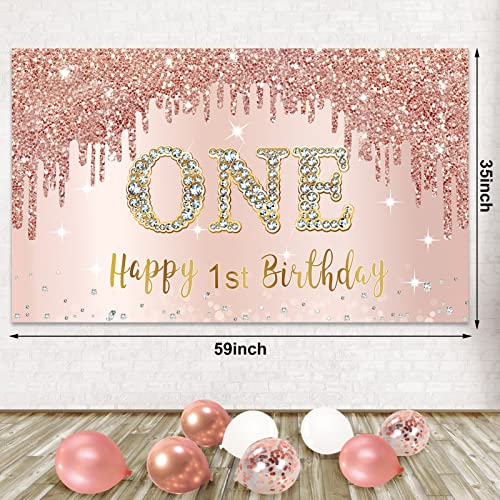 Happy 1st Birthday Banner Backdrop Decorations with Confetti Balloon Garland Arch, Rose Gold One Birthday Banner Balloon Set for Girls, Pink 1 Year Old Bday Poster Photo Booth Decor