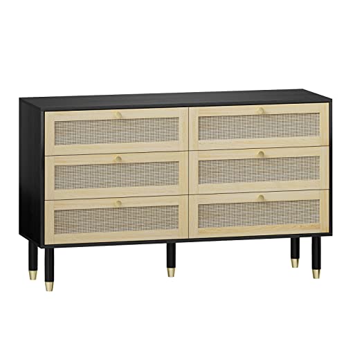 VINGLI Rattan Dresser 6 Drawers for Bedroom Black Boho Wicker Drawer Chest Mid Century Modern Cane Bedroom Furniture, 55" (W) x 17.8" (D) x 33" (H)