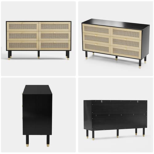 VINGLI Rattan Dresser 6 Drawers for Bedroom Black Boho Wicker Drawer Chest Mid Century Modern Cane Bedroom Furniture, 55" (W) x 17.8" (D) x 33" (H)