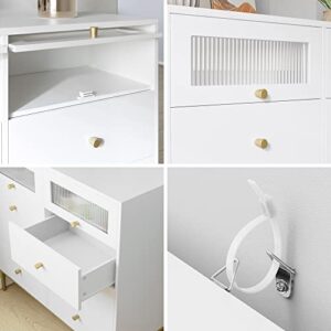 finetones White Dresser, 8 Drawer Dresser White and Gold Dresser with Fluted Glass Door and Gold Metal Legs, Modern Dresser Gold Dresser Wood Storage Chest of Drawers for Home