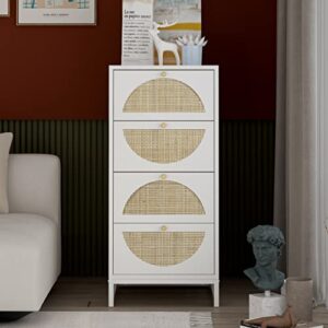 ssline wood&rattan 4 drawer dresser 35" tall bedside table accent storage cabinet with semi-circle wicker drawers white bedroom nightstand chest of drawer w/metal frame for living room entryway