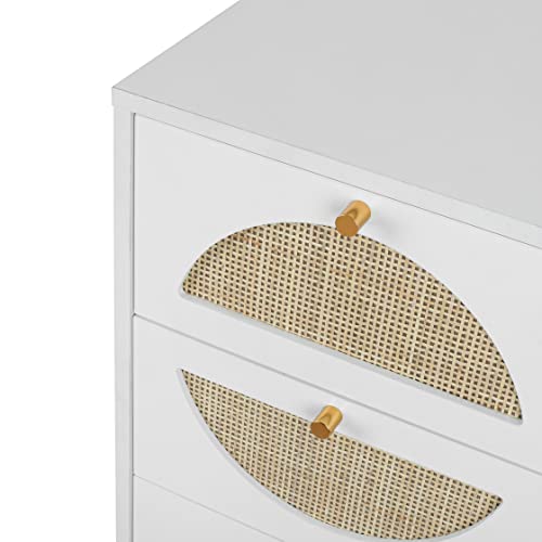SSLine Wood&Rattan 4 Drawer Dresser 35" Tall Bedside Table Accent Storage Cabinet with Semi-Circle Wicker Drawers White Bedroom Nightstand Chest of Drawer w/Metal Frame for Living Room Entryway