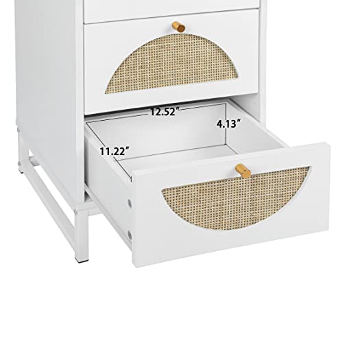 SSLine Wood&Rattan 4 Drawer Dresser 35" Tall Bedside Table Accent Storage Cabinet with Semi-Circle Wicker Drawers White Bedroom Nightstand Chest of Drawer w/Metal Frame for Living Room Entryway