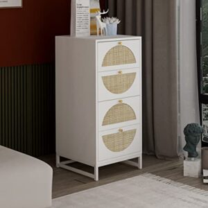 SSLine Wood&Rattan 4 Drawer Dresser 35" Tall Bedside Table Accent Storage Cabinet with Semi-Circle Wicker Drawers White Bedroom Nightstand Chest of Drawer w/Metal Frame for Living Room Entryway