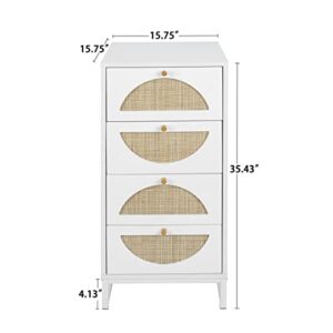 SSLine Wood&Rattan 4 Drawer Dresser 35" Tall Bedside Table Accent Storage Cabinet with Semi-Circle Wicker Drawers White Bedroom Nightstand Chest of Drawer w/Metal Frame for Living Room Entryway