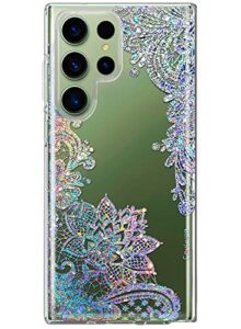 coolwee clear glitter for galaxy s23 ultra - 6.8 inch, thin flower slim cute crystal lace bling women girl floral hard back soft tpu bumper protective cover for samsung s23 ultra mandala henna