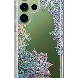 Coolwee Clear Glitter for Galaxy S23 Ultra - 6.8 inch, Thin Flower Slim Cute Crystal Lace Bling Women Girl Floral Hard Back Soft TPU Bumper Protective Cover for Samsung S23 Ultra Mandala Henna