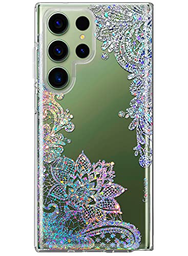 Coolwee Clear Glitter for Galaxy S23 Ultra - 6.8 inch, Thin Flower Slim Cute Crystal Lace Bling Women Girl Floral Hard Back Soft TPU Bumper Protective Cover for Samsung S23 Ultra Mandala Henna