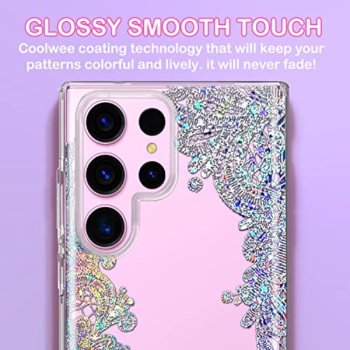 Coolwee Clear Glitter for Galaxy S23 Ultra - 6.8 inch, Thin Flower Slim Cute Crystal Lace Bling Women Girl Floral Hard Back Soft TPU Bumper Protective Cover for Samsung S23 Ultra Mandala Henna