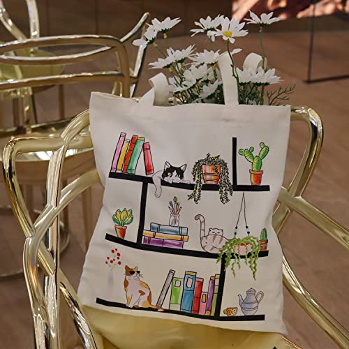Fertkxsi Cute Cat Canvas Totes Bag Aesthetic for Women Floral plant Print Tote Bags book totes shopping travel beach bag