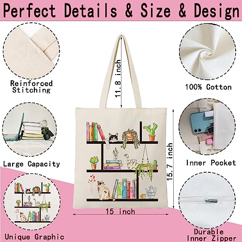 Fertkxsi Cute Cat Canvas Totes Bag Aesthetic for Women Floral plant Print Tote Bags book totes shopping travel beach bag