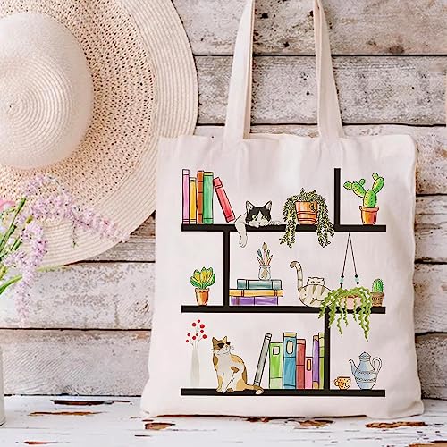 Fertkxsi Cute Cat Canvas Totes Bag Aesthetic for Women Floral plant Print Tote Bags book totes shopping travel beach bag