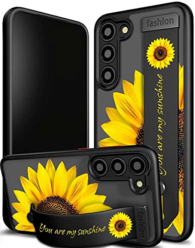 Cisland Samsung Galaxy A14 Case Sunflower Flower Floral Cute with Strap Stand Finger Kickstand, Cute Case for Women Girly Designer for Girls Aesthetic Silicone Compatible with Samsung Galaxy A14 5g