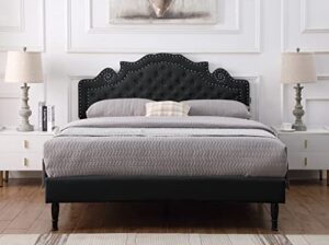 queen upholstered platform bed frame with 47" tall adjustable headboard - button tufted linen bed - wood slat support with storage space - no box spring needed - black - oliver & smith - elizabeth