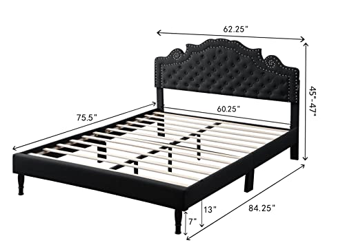 Queen Upholstered Platform Bed Frame with 47" Tall Adjustable Headboard - Button Tufted Linen Bed - Wood Slat Support with Storage Space - No Box Spring Needed - Black - Oliver & Smith - Elizabeth