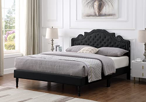 Queen Upholstered Platform Bed Frame with 47" Tall Adjustable Headboard - Button Tufted Linen Bed - Wood Slat Support with Storage Space - No Box Spring Needed - Black - Oliver & Smith - Elizabeth