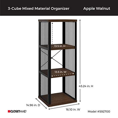 ClosetMaid 3-Cube Storage Organizer Bookshelf, Storage Shelf, Metal Frame, Wood Shelves, Easy Assembly, Black/Apple Walnut