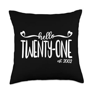 21st birthday gifts for her by art like wow hello twenty-one est. 2002, 21 years old women 21st birthday throw pillow, 18x18, multicolor