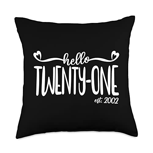 21st Birthday Gifts For Her by Art Like Wow Hello Twenty-One Est. 2002, 21 Years Old Women 21st Birthday Throw Pillow, 18x18, Multicolor