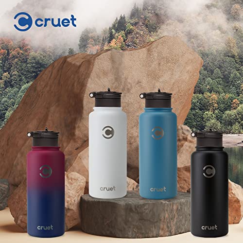 Insulated Water Bottle With 2 Lids By Cruet- Stainless Steel Double-Walled Leakproof Thermos With Straw Lid For Cold Drinks, Flip Lid For Hot Beverages, Vacuum Insulated, Reusable Modern Bottle- 32oz