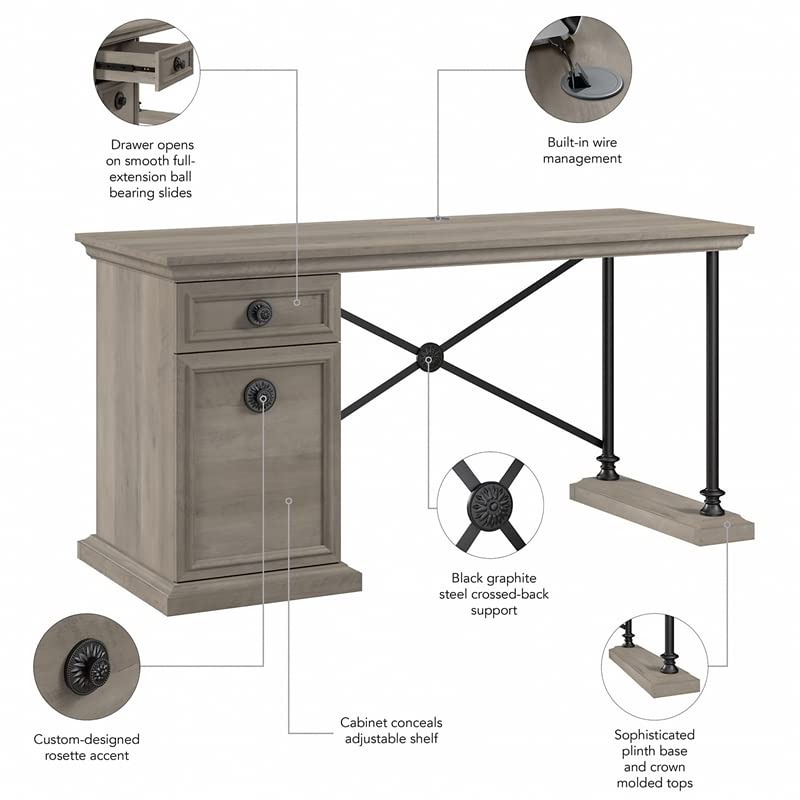 Bush Furniture Coliseum Designer Desk with Storage, Home Office Computer, 60W, Driftwood Gray