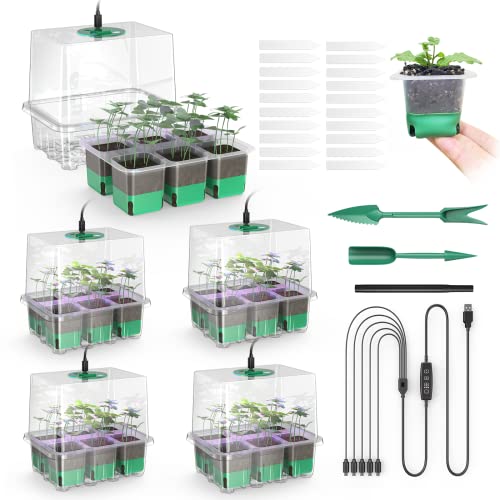 Seed Starter Tray with Grow Light, 30 Large Flexible Pop-Out Cells, 5 Pack Seedling Starter Trays with Air Vent Humidity Dome, Seed Starting Kit for Greenhouse Seeding Planting Growing[Clear Base]