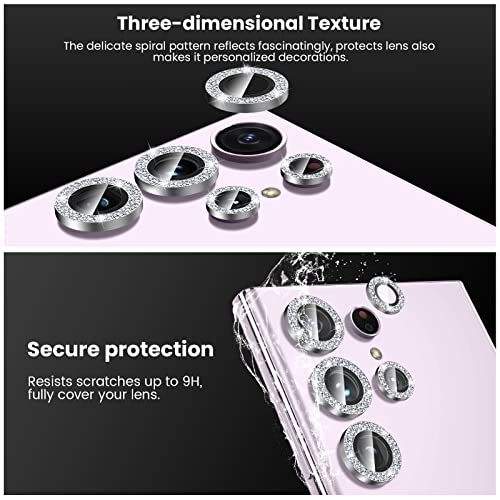 Tensea (3+2PCS) for Samsung Galaxy S23 Ultra 5G Camera Lens Protector, 9H Tempered Glass Camera Cover Screen Protector Metal Individual Ring [Installation Tray][Removal tool][Case Friendly]- Glitter