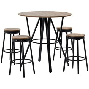 homcom 5-piece bar table and chairs set with swivel seat, industrial round kitchen table and 4 bar stools for pub, dining room, light brown
