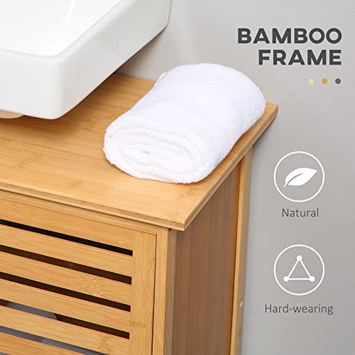 kleankin Bamboo Under Sink Cabinet with 2 Slatted Doors, Freestanding Bathroom Sink Cabinet, Bathroom Vanity Cabinet, Natural