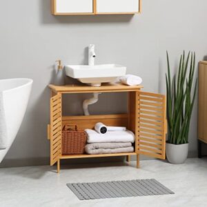 kleankin Bamboo Under Sink Cabinet with 2 Slatted Doors, Freestanding Bathroom Sink Cabinet, Bathroom Vanity Cabinet, Natural