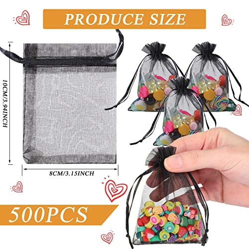 Woanger 500 Pcs Small Sheer Organza Bags with Drawstring Bulk Mesh Pouches Empty Sachet Bags for Jewelry Gift, Bridal Events Christmas Wedding Party Favors (Black, 3 x 4 Inch)