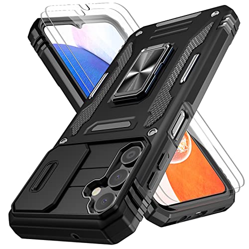 Jasmeas Case for Samsung Galaxy A14 5G with Slide Camera Cover with Screen Protector [2 Pack], [360° Rotatable Ring Kickstand] Shockproof Protective Hard Phone Cover for Galaxy A14 5G, Black