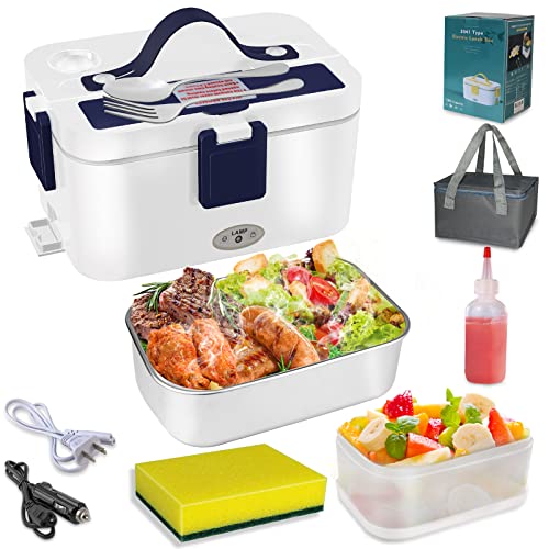 AosFero 80W1.8L Portable Heated Electric Lunch Box,3 in1 food warmer lunch box（12/24/110-230V） suitable for Car/Truck/Home.Free 120ml salad bottle and dishwashing cotton, with fork、spoon、carrying bag