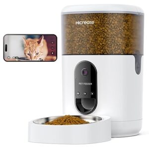 hicreate automatic cat feeder with camera, night vision, 1080p hd video & wifi app control automatic cat food dispenser, 4l dry food feeder for cats and dogs, set up to 8 meals, timer, sound alerts