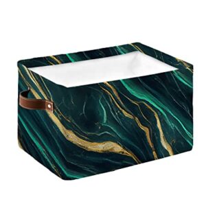 Marble Emerald Green Cube Storage Organizer Bins with Handles, 15x11x9.5 Inch Collapsible Canvas Cloth Fabric Storage Basket, Modern Abstract Gold Art Books Kids' Toys Bin Boxes for Shelves, Closet
