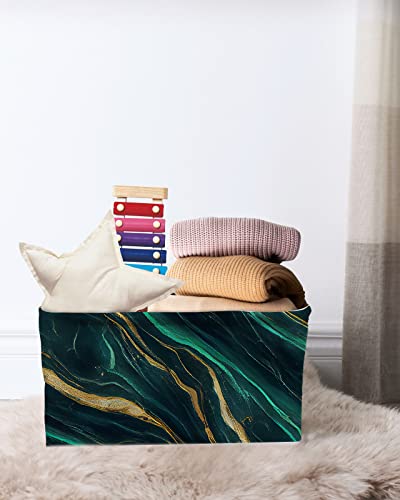 Marble Emerald Green Cube Storage Organizer Bins with Handles, 15x11x9.5 Inch Collapsible Canvas Cloth Fabric Storage Basket, Modern Abstract Gold Art Books Kids' Toys Bin Boxes for Shelves, Closet