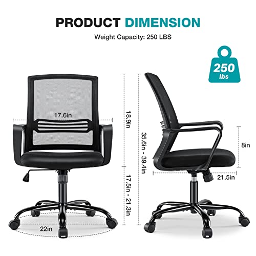Office Chair Desk Chair Home Office Computer Chair with Wheels Mesh Office Chair with Lumbar Support, Mid Back Ergonomic Office Desk Chair with Armrests Adjustable Work Chairs, Black