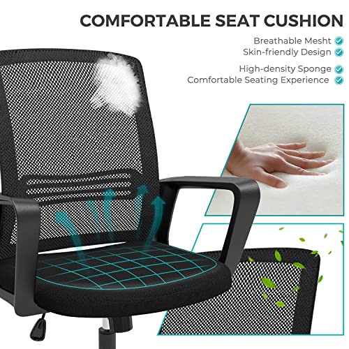 Office Chair Desk Chair Home Office Computer Chair with Wheels Mesh Office Chair with Lumbar Support, Mid Back Ergonomic Office Desk Chair with Armrests Adjustable Work Chairs, Black