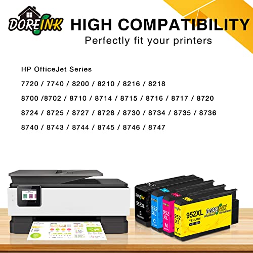 DOREINK 952 952XL Ink Cartridge Combo Pack Compatible Replacements for HP OfficeJet Pro 8710 7740 8720 8715 8210 8740 8702 7720 8725 8700 8730 Printer Ink (1 Black 1 Cyan 1 Yellow 1 Magenta,4Pack)